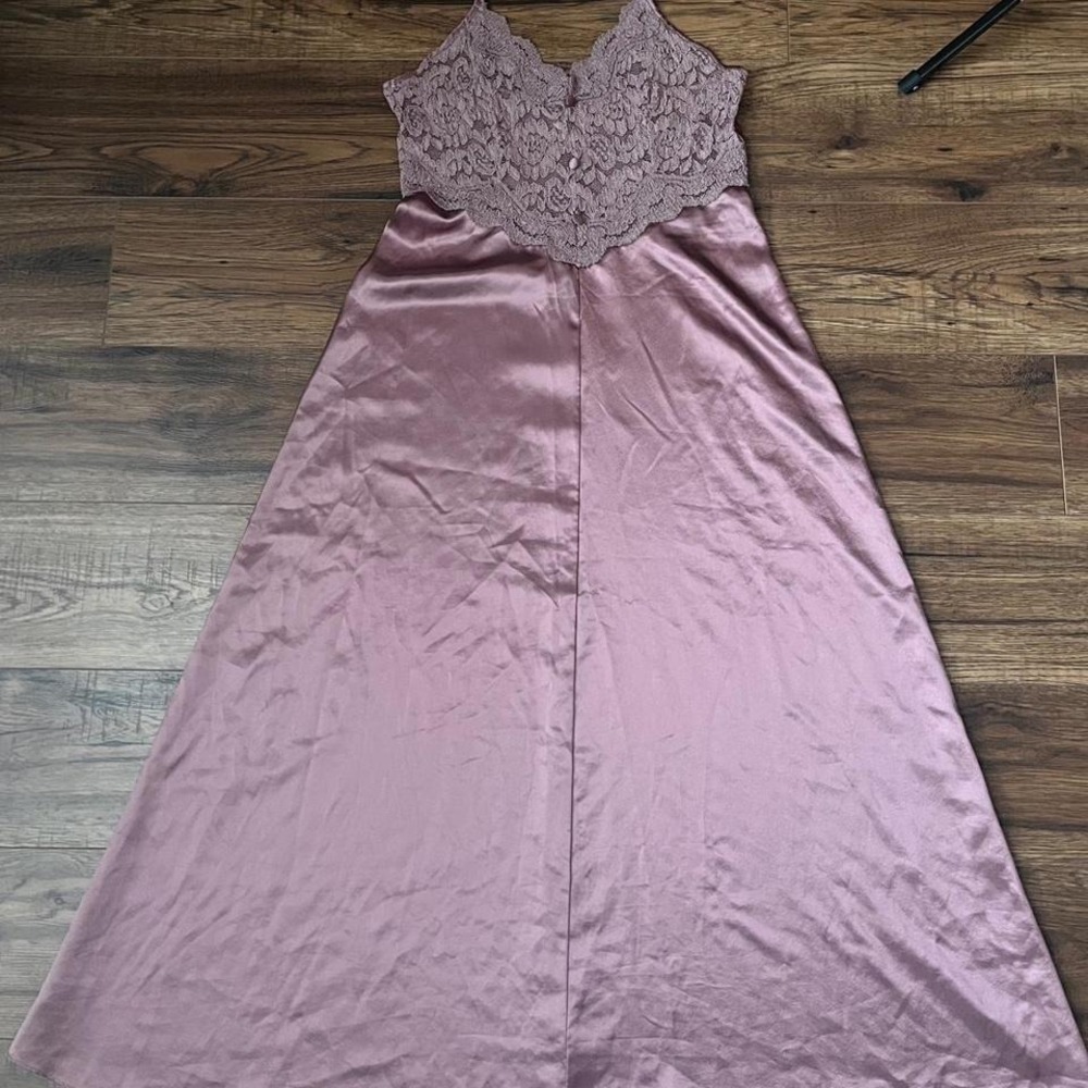 Vintage Mauve Satin Slip Dress Lace Bodice Spaghetti Strap Maxi Bias Cut Small‎